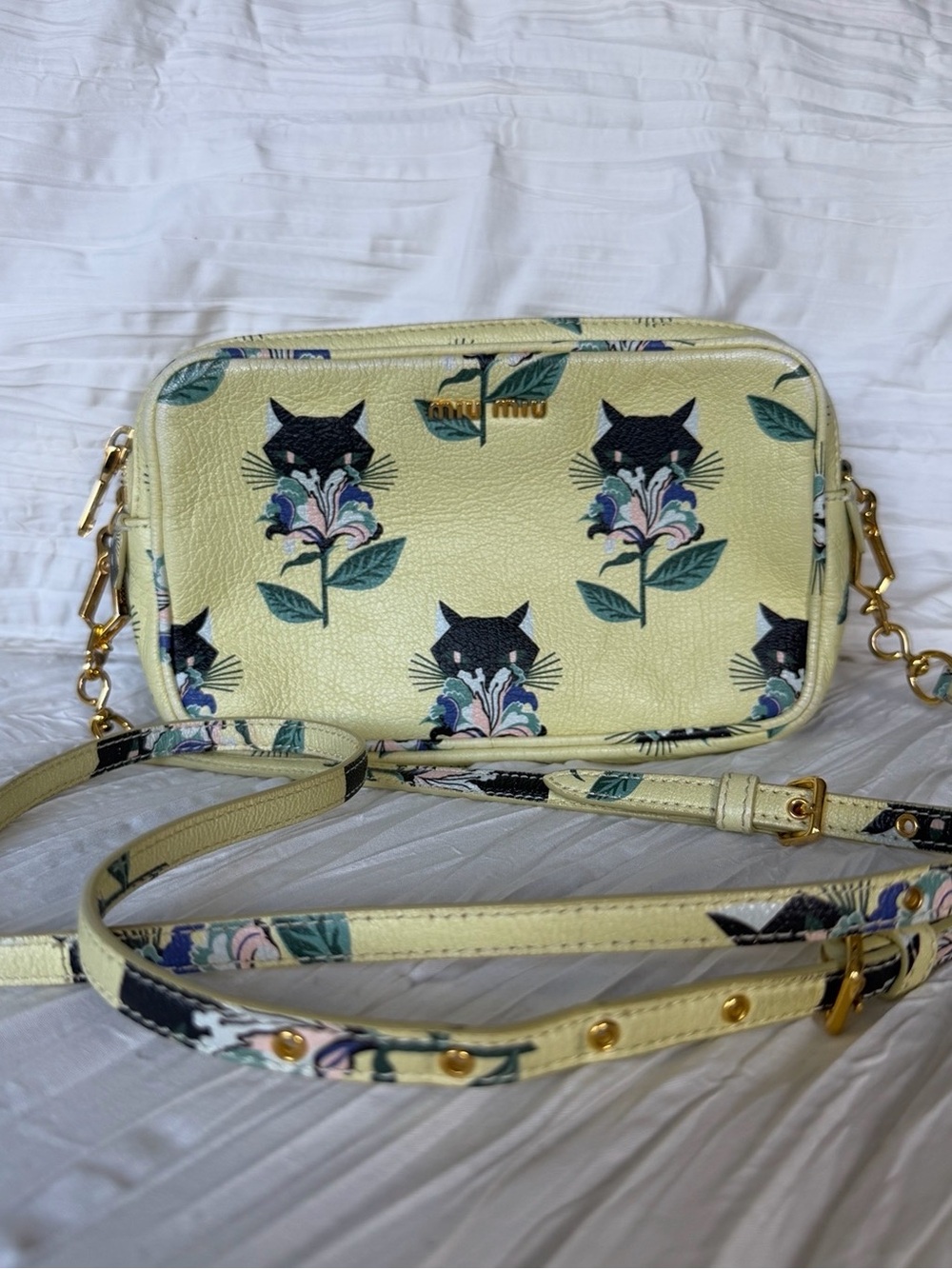 Miu Miu Pale Yellow Floral Cat-Print Crossbody Pouch with Gold Hardware